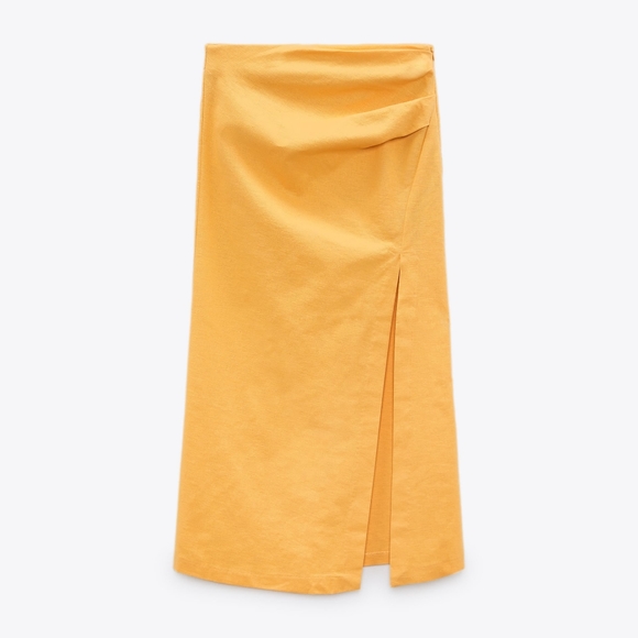 NWT ZARA Tropical Yellow Linen Blend Ruched Midi Skirt L - Picture 6 of 8